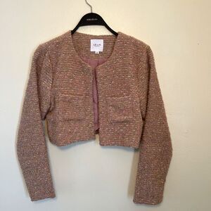 LE LIS Blush Pink Metallic Boucle Cropped Open Blazer Jacket Textured Knit - M